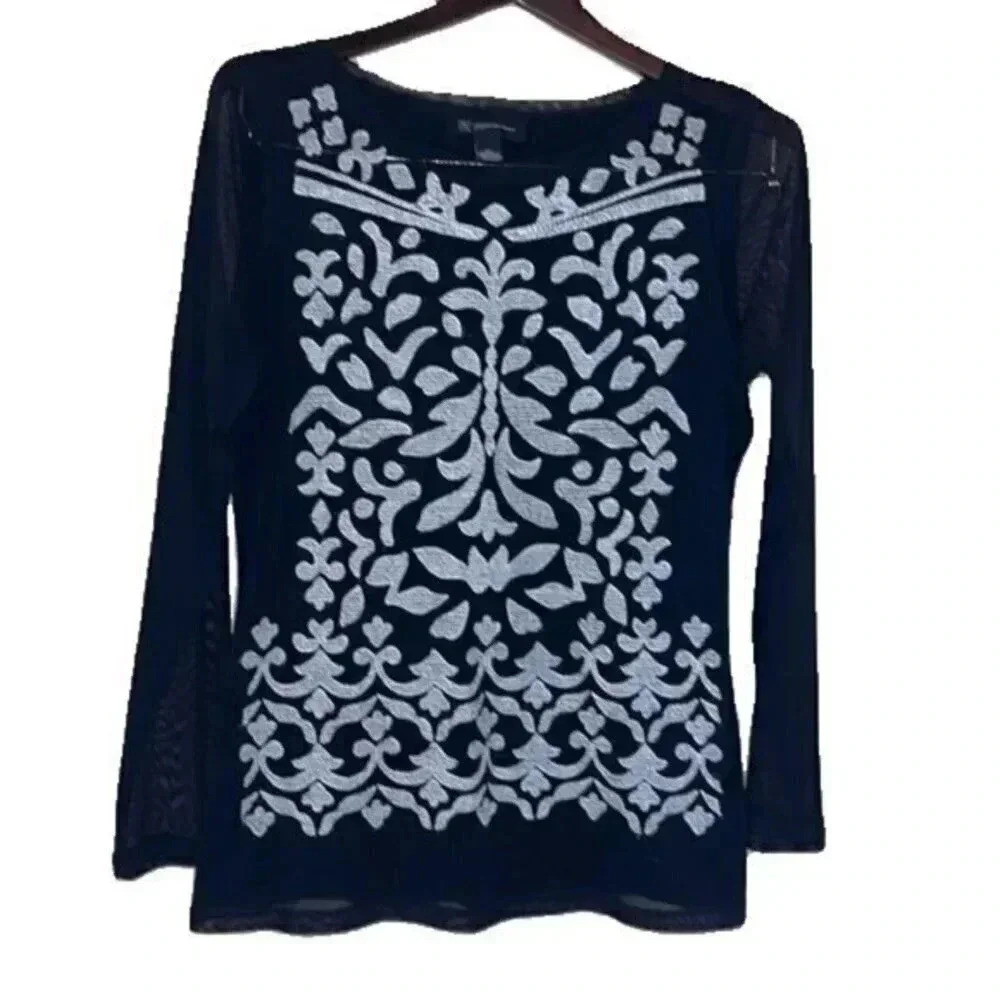 INC Black and Off White Embroidered Sheer Top Size LP